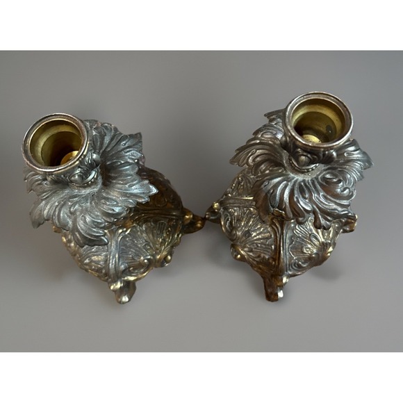 Pair Antique Hollywood Regency Style Ornate Gold cast Brass  Candlestick Holders main image 2